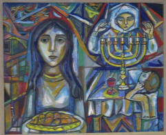 Sabbath with bread, menorah and old woman praying as a child watches